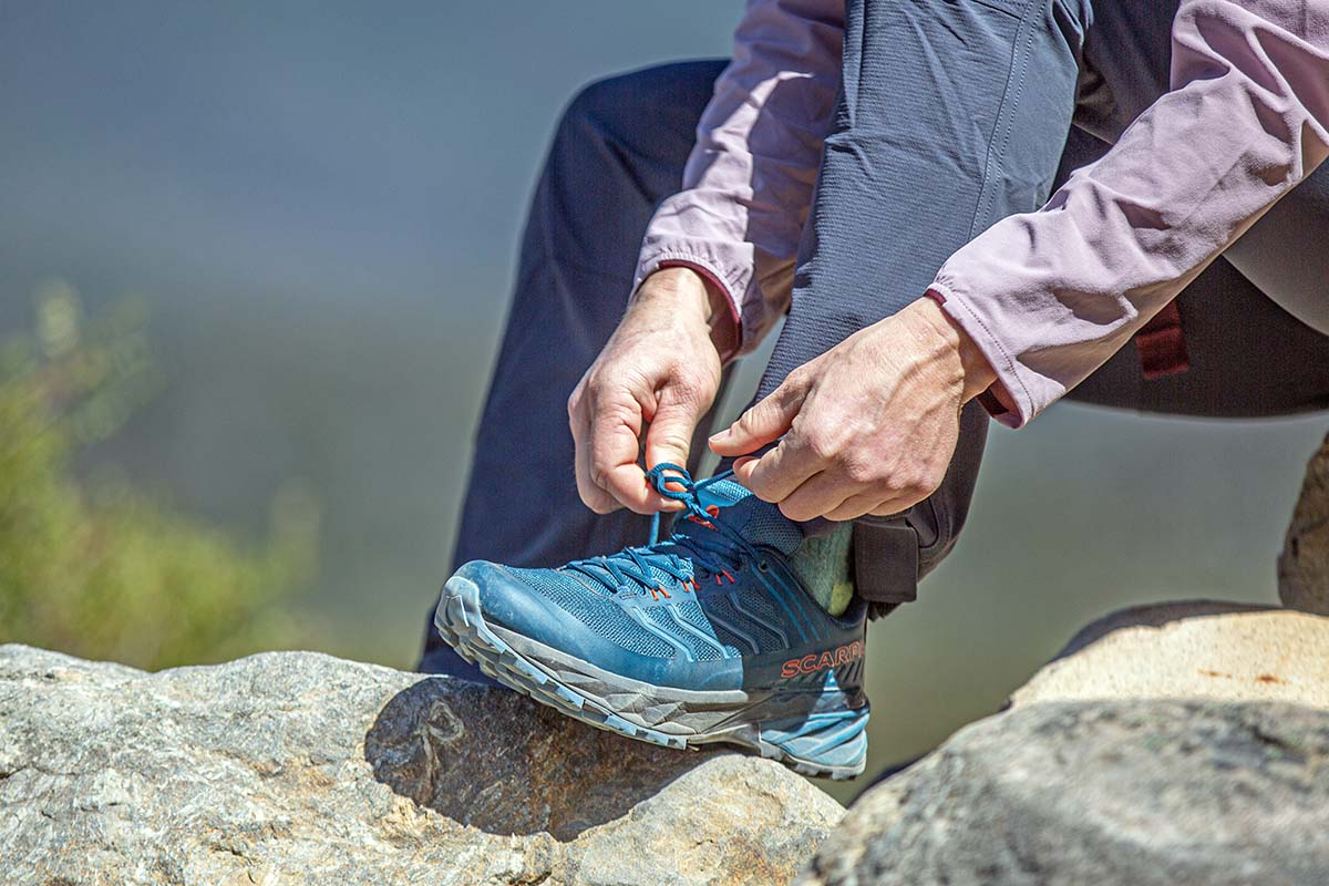 Lacing up Scarpa Rush hiking shoes